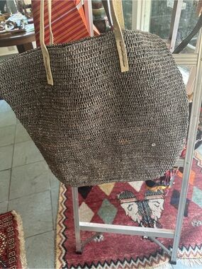 Woven gray silver Tote with Tan Shoulder Straps